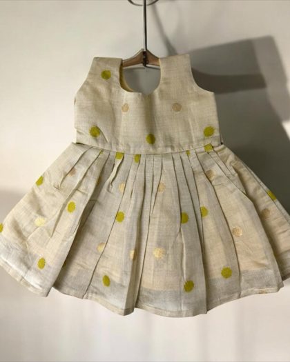Kasavu frock- Pista Green and Golden polka tots