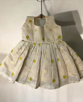 Kasavu frock-  Pista Green and Golden polka tots